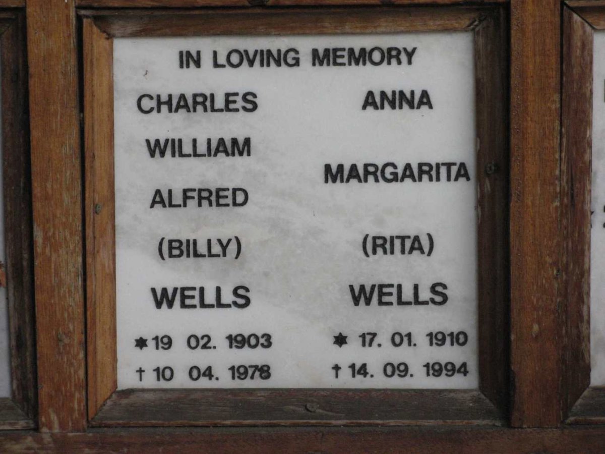 WELLS Charles William Alfred 1903-1978 &amp; Anna Margarita 1910-1994