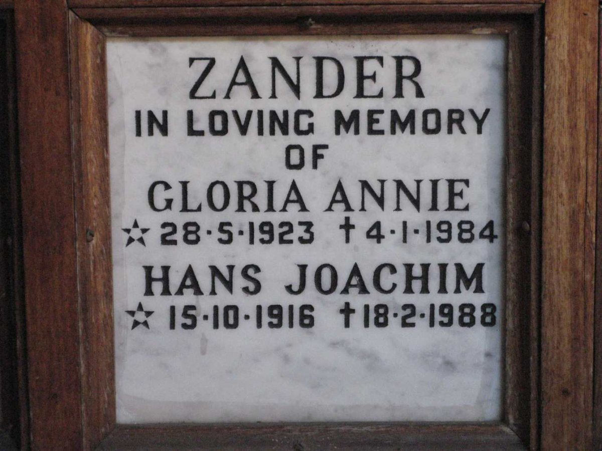 ZANDER Hans Joachim 1916-1988 &amp; Gloria Annie 1923-1984