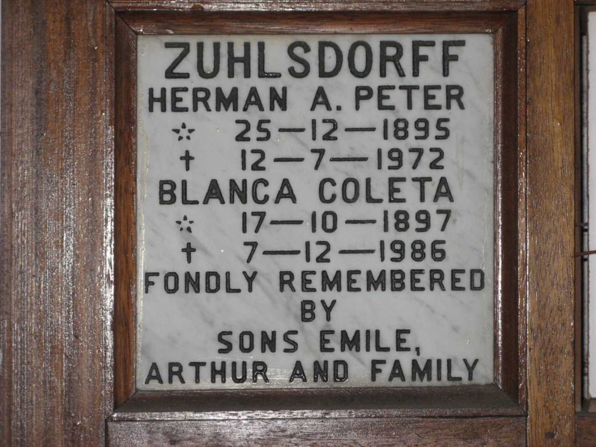 ZUHLSDORFF Herman A. Peter 1895-1972 &amp; Blanca Coleta 1897-1986