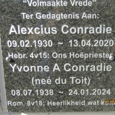 CONRADIE Alexcius 1930-2020 & Yvonne A. DU TOIT 1938-2024