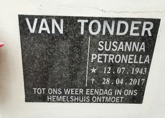 TONDER Susanna Petronella, van 1943-2017