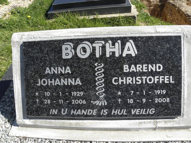BOTHA Barend Christoffel 1919-2008 &amp; Anna Johanna 1929-2006