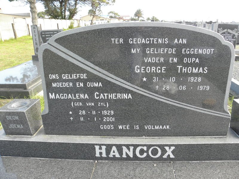 HANCOX George Thomas 1928-1979 &amp; Magdalena Catherina VAN ZYL 1929-2001