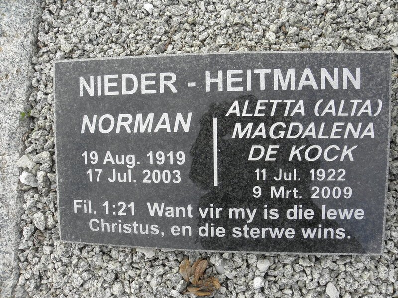 HEITMANN Norman, Nieder 1919-2003 &amp; Aletta Magdalena DE KOCK 1922-2009