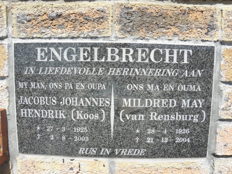 ENGELBRECHT Jacobus Johannes Hendrik 1925-2003 &amp; Mildred May VAN RENSBURG 1926-2004