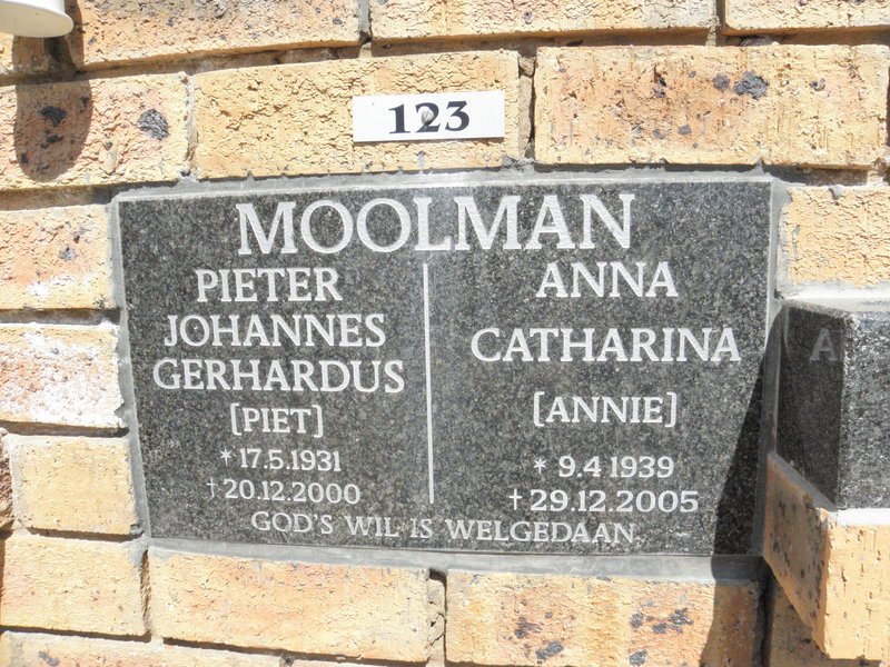 MOOLMAN Pieter Johannes Gerhardus 1931-2000 &amp; Anna Catharina 1939-2005