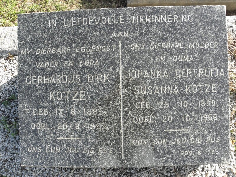 KOTZE Gerhardus Dirk 1885-1955 &amp; Johanna Gertruida Susanna 1888-1959