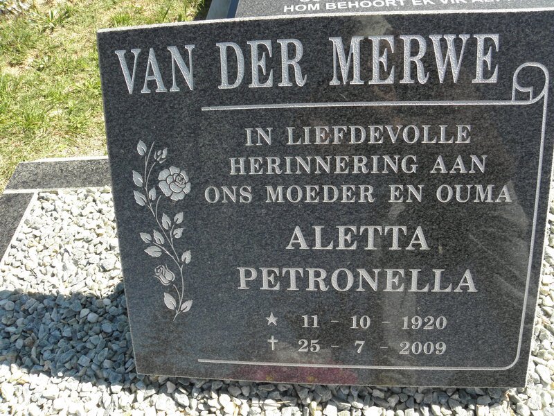 MERWE Aletta Petronella, van der 1920-2009
