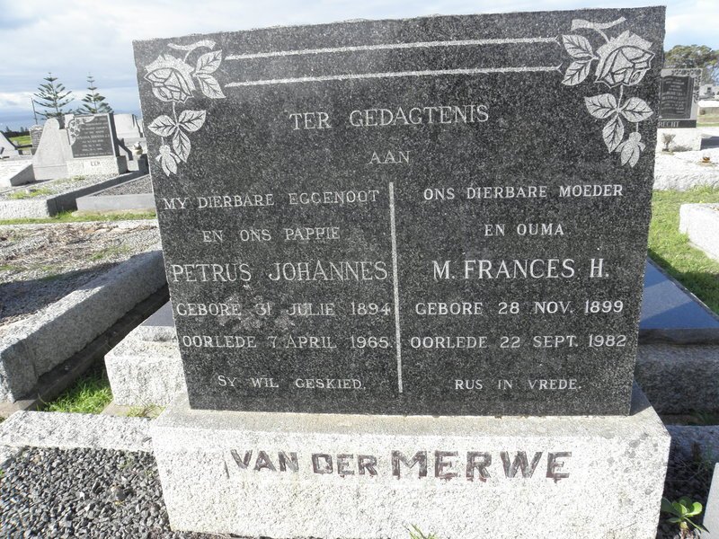 MERWE Petrus Johannes, van der 1894-1965 &amp; M. Frances H. 1899-1982