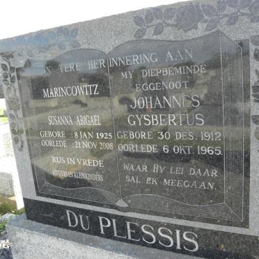 PLESSIS Johannes Gysbertus, du 1912-1965 :: MARINCOWITZ Susanna Abigael 1925-2008