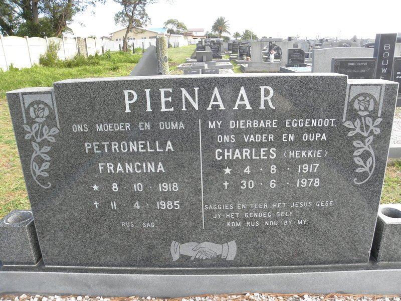 PIENAAR Charles 1917-1978 &amp; Petronella Francina 1918-1985
