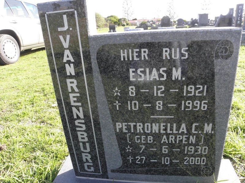 RENSBURG Esias, M., J. van 1921-1996 &amp; Petronella C.M. ARPEN 1930-2000