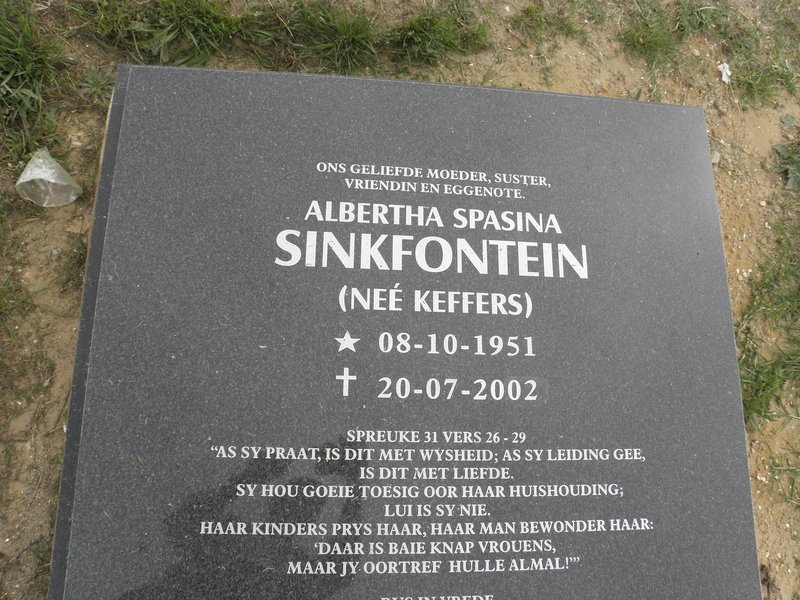 SINKFONTEIN Albertha Spasina nee KEFFERS 1951-2002
