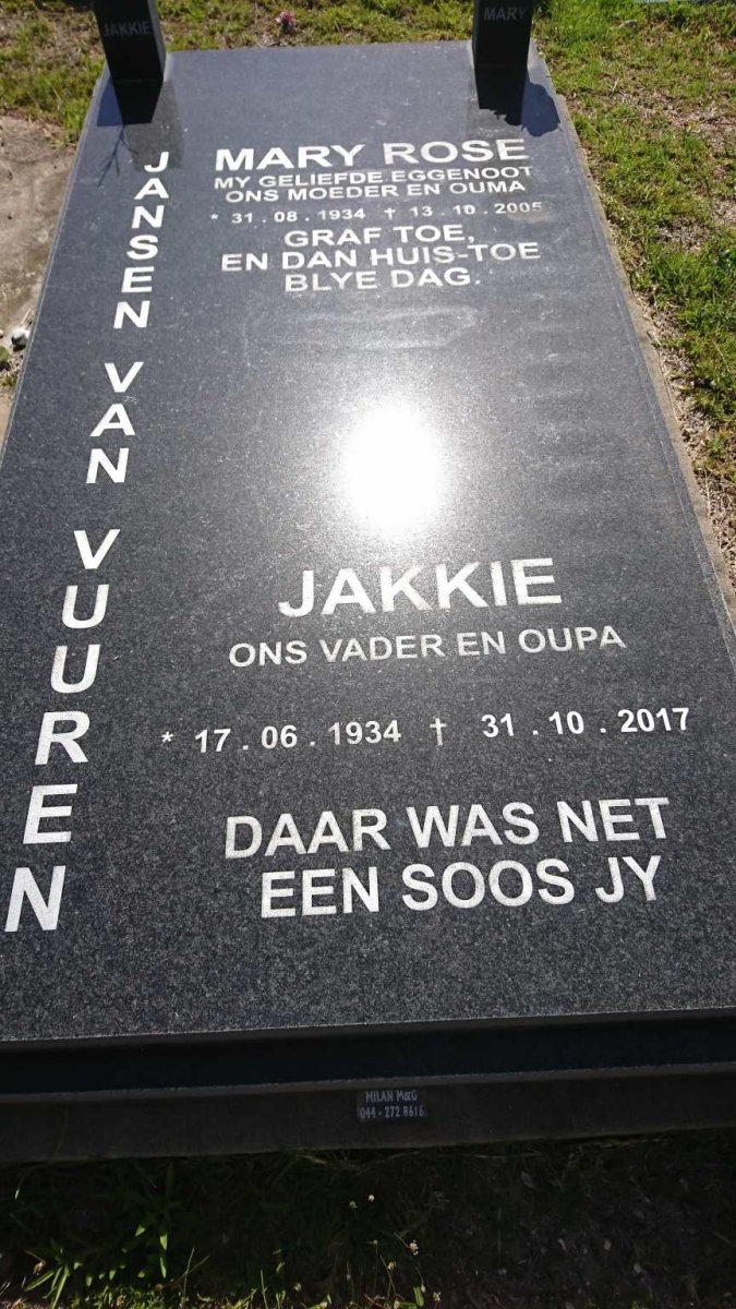VUUREN Jakkie, Jansen van 1934-2017 &amp; Mary Rose 1934-2005