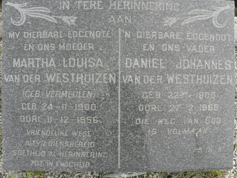 WESTHUIZEN Daniel Johannes, van der 1900-1985 &amp; Martha Louisa VERMEULEN 1900-1956