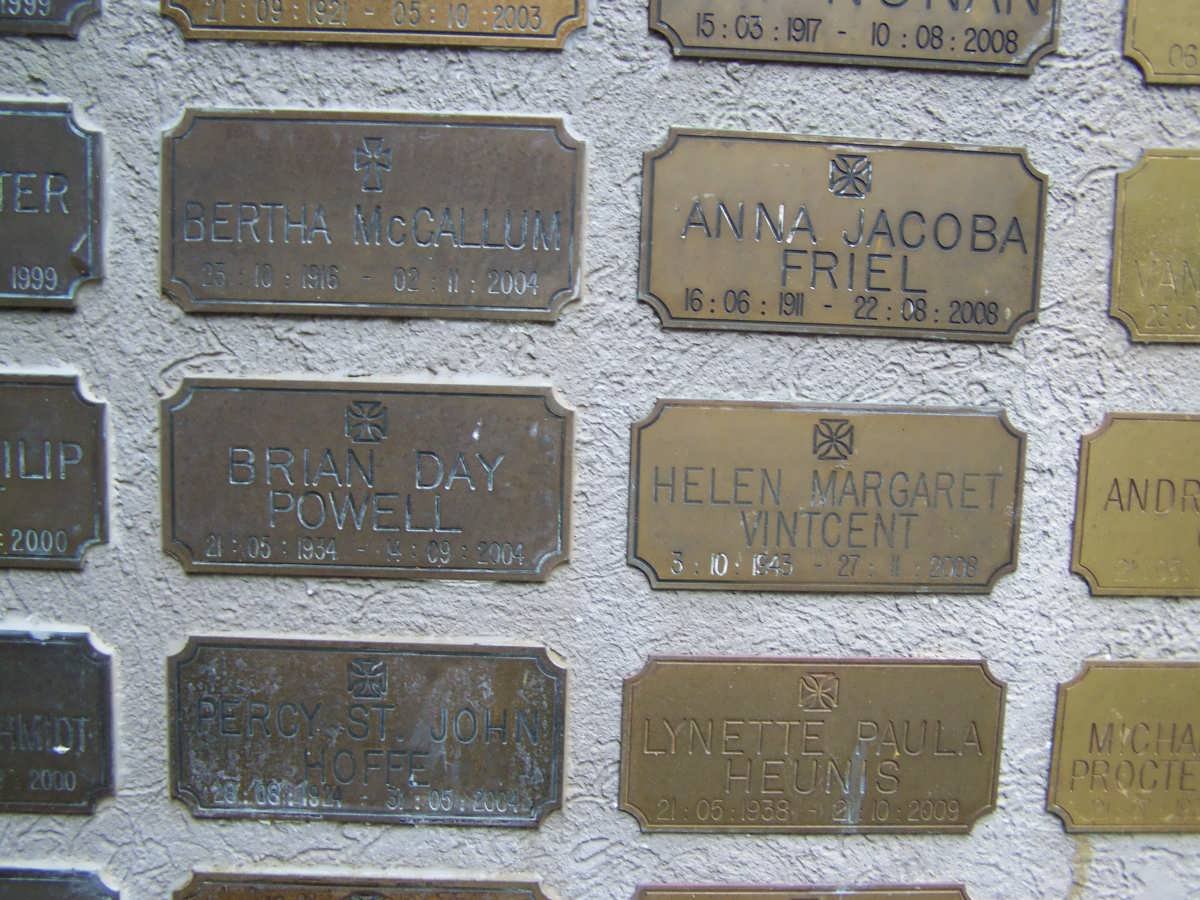FRIEL Anna Jacoba 1911-2008 :: McCALLUM Bertha 1916-2004 :: POWELL Brian Day 1934-2004 :: VINTCENT Helen Margaret 1943-2008