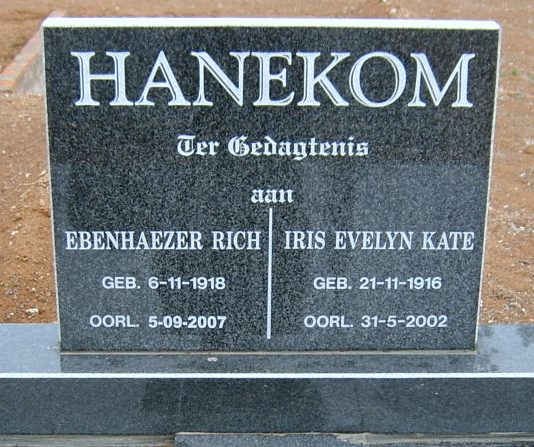 HANEKOM Ebenhaezer Rich 1918-2007 &amp; Iris Evelyn Kate 1916-2002