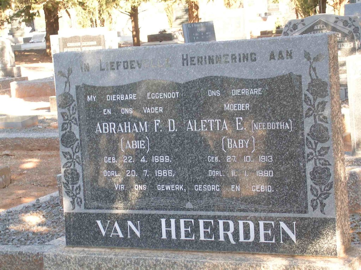 HEERDEN Abraham F.D., van 1899-1966 &amp; Aletta E. BOTHA 1913-1990