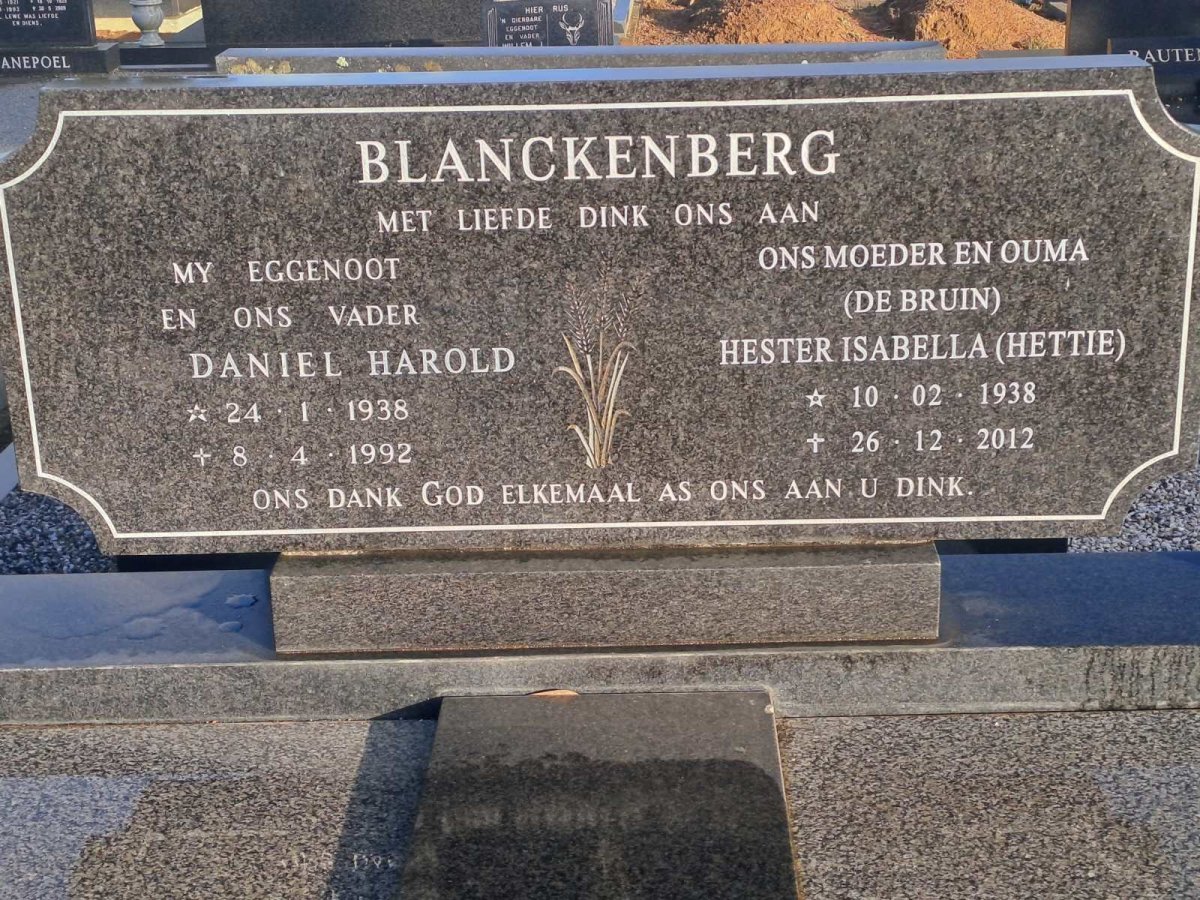 BLANCKENBERG Daniel Harold 1938-1992 &amp; Hester Isabella DE BRUIN 1938-2012