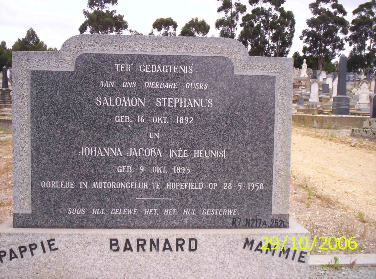 BARNARD Salomon Stephanus 1892-1958 &amp; Johanna Jacoba HEUNIS 1893-1958