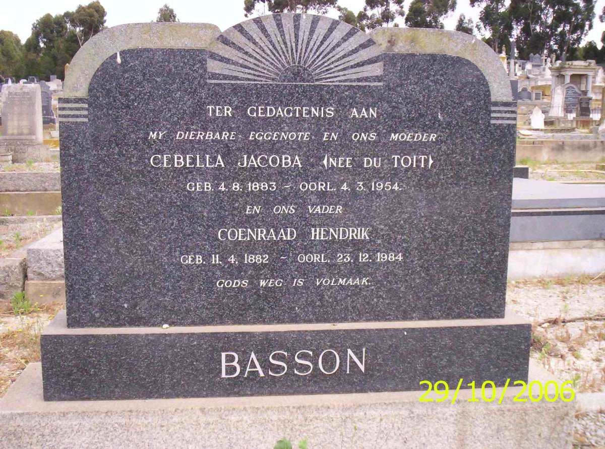 BASSON Coenraad Hendrik 1882-1984 &amp; Cebella Jacoba du TOIT 1883-1954