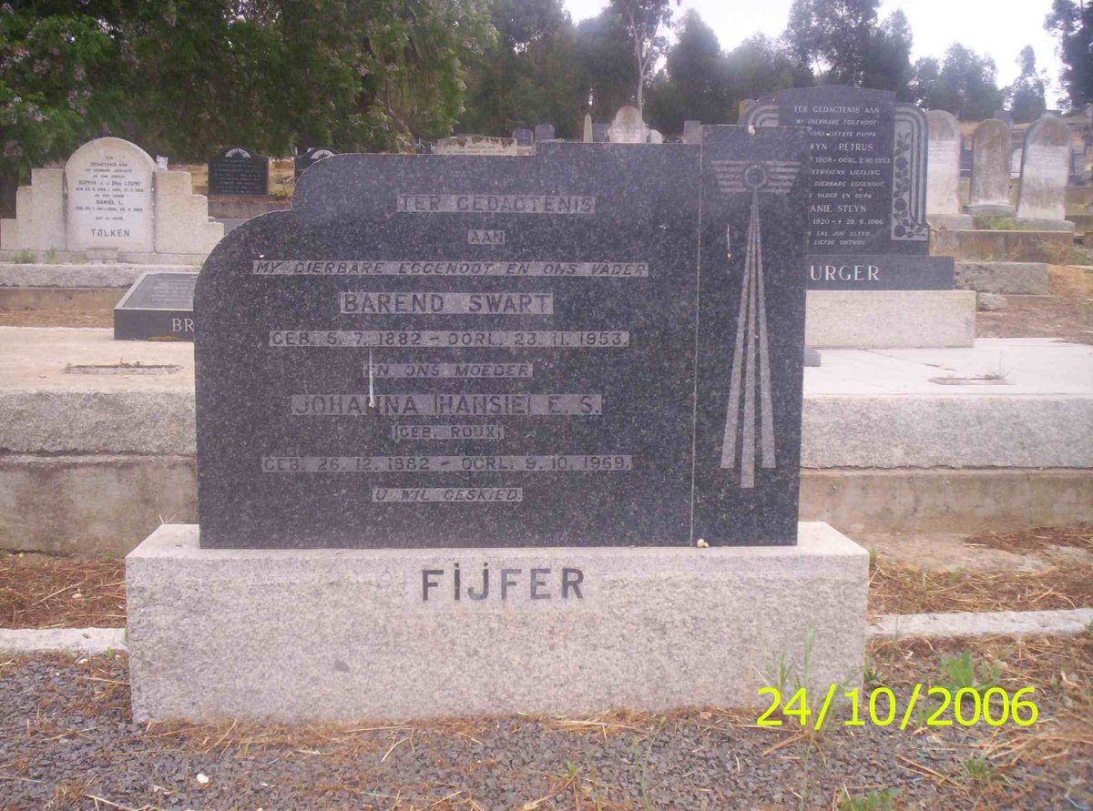 FIJFER Barend Swart 1882-1953 &amp; Johanna E.S. ROUX 1882-1969