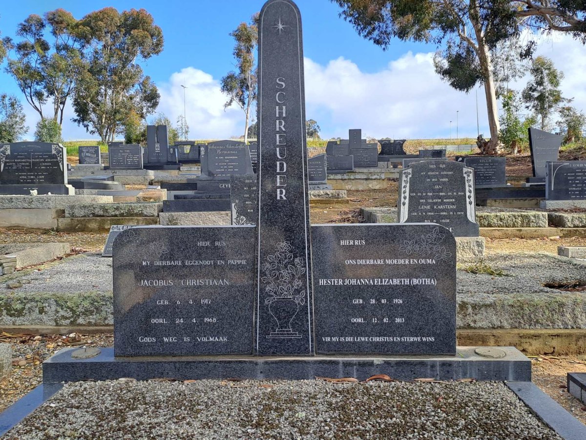 SCHREUDER Jacobus Christiaan 1917-1968 &amp; Hester Johanna Elizabeth BOTHA 1926-2013