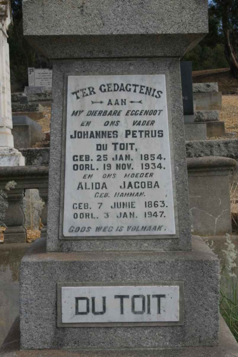 TOIT Johannes Petrus, du 1854-1934 &amp; Alida Jacoba HAMMAN 1863-1947