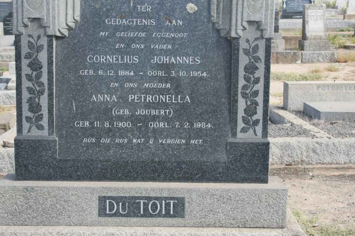TOIT Cornelius Johannes, du 1884-1954 &amp; Anna Petronella JOUBERT 1900-1984