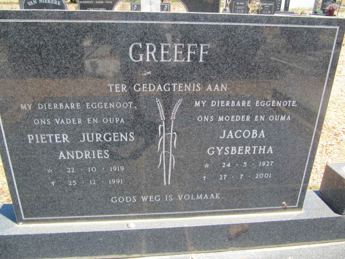 GREEFF Pieter Jurgens Andries 1919-1991 &amp; Jacoba Gysbertha 1927-2001