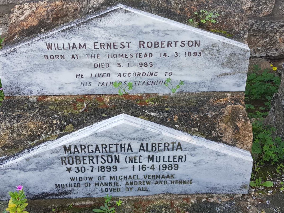 ROBERTSON William Ernest 1893-1985 &amp; Margaretha Alberta formerly VERMAAK nee MULLER 1899-1989