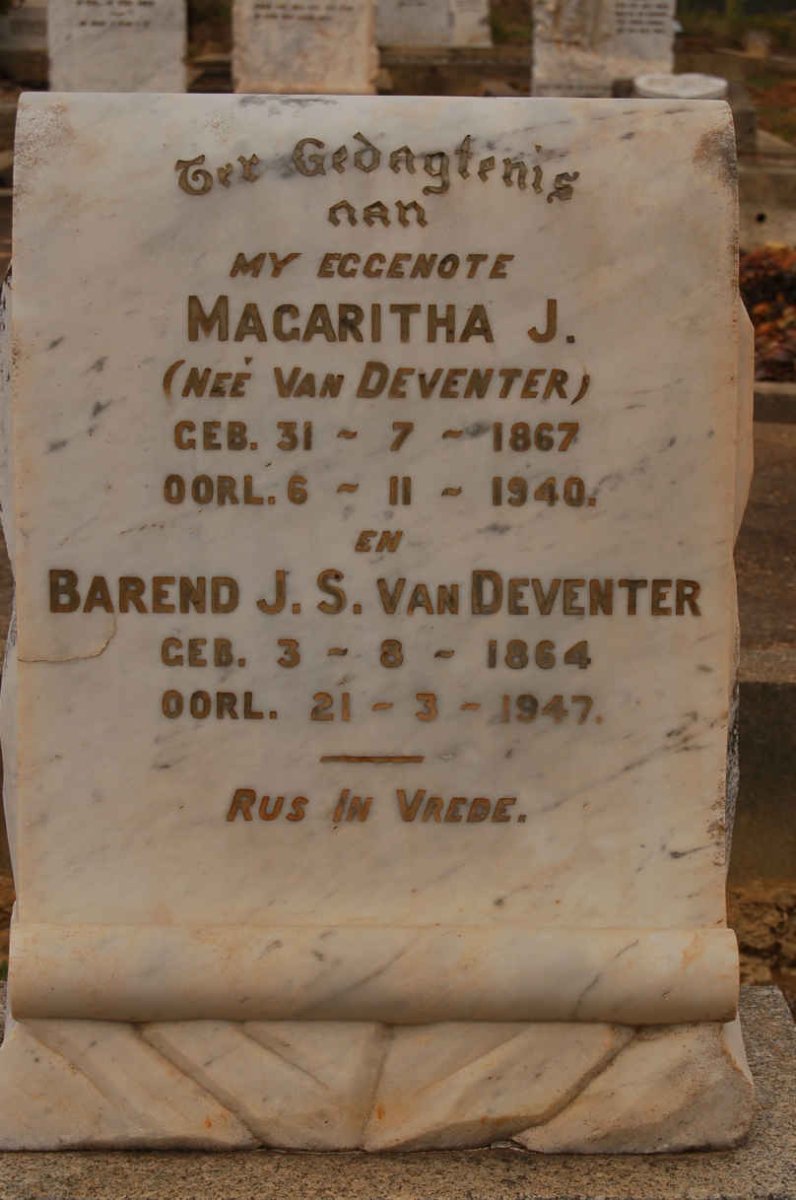 DEVENTER Barend J.S., van 1964-1947 &amp; Magaritha J. VAN DEVENTER 1867-1940