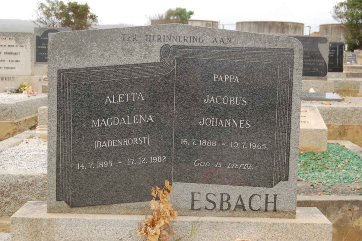 ESBACH Jacobus Johannes 1888-1965 &amp; Aletta Magdalena BADENHORST 1895-1982
