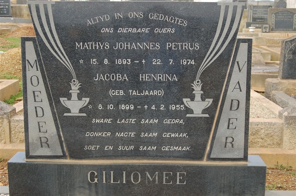 GILIOMEE Mathys Johannes Petrus 1893-1974 &amp; Jacoba Henrina TALJAARD 1899-1955