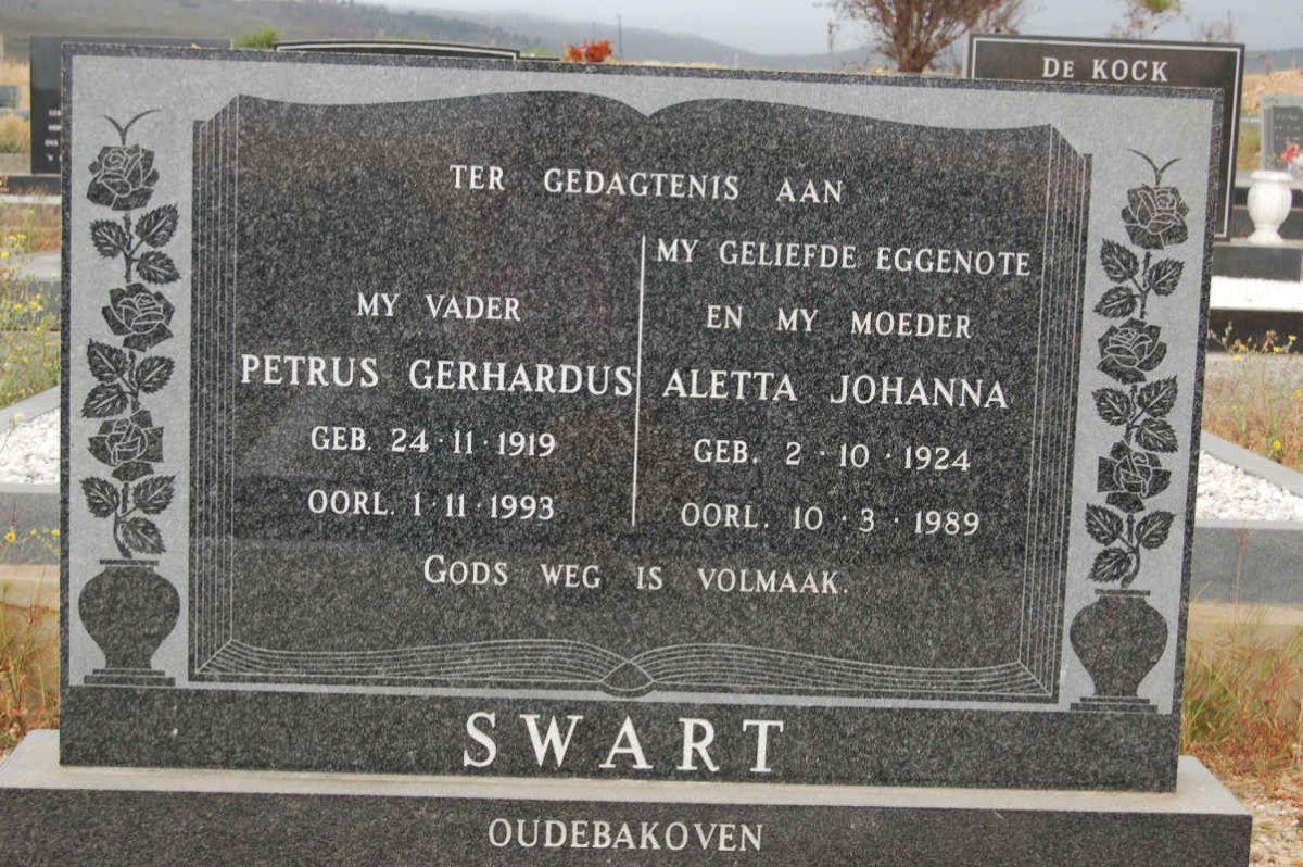 SWART Petrus Gerhardus 1919-1993 &amp; Aletta Johanna 1924-1989