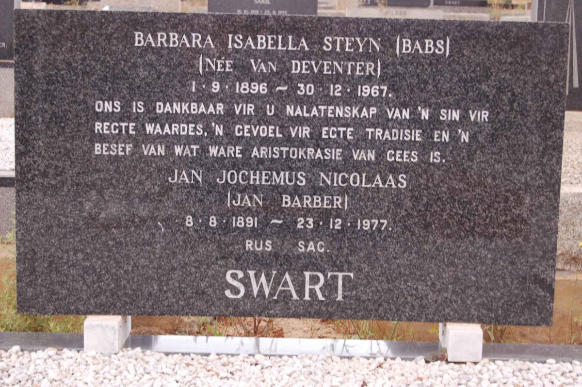 SWART Jan Jochemus Nicolaas 1891-1977 &amp; Barbara Isabella Steyn VAN DEVENTER 1896-1967