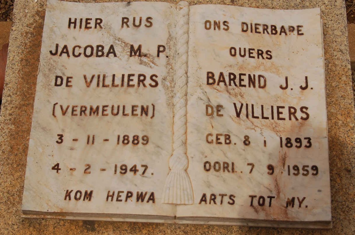 VILLIERS Barend J.J., de 1893-1959 &amp; Jacoba M.P. VERMEULEN 1889-1947