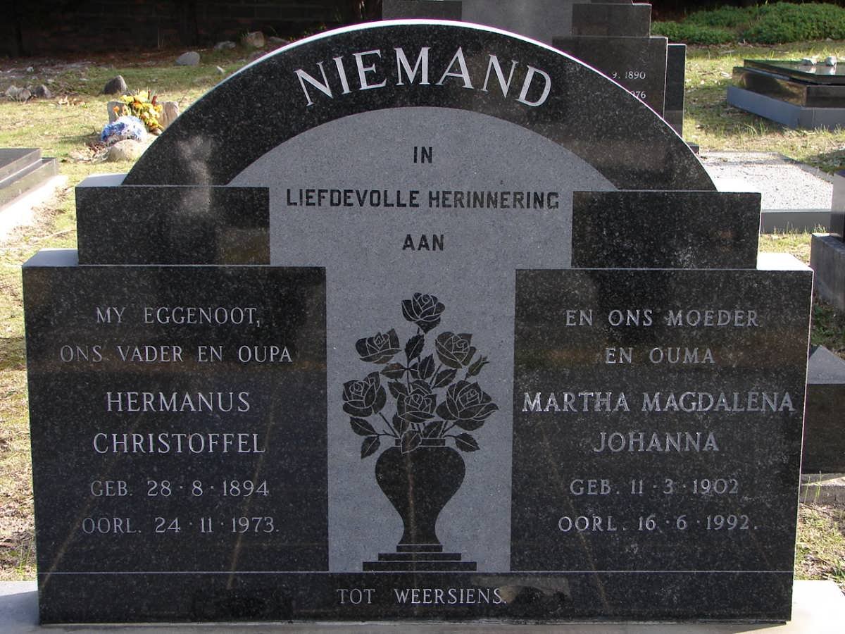 NIEMAND Hermanus Christoffel 1894-1973 &amp; Martha Magdalena Johanna 1902-1992