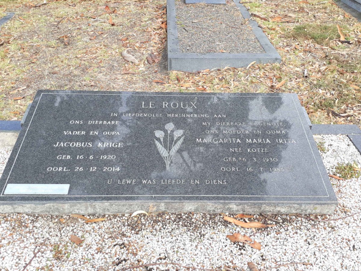 ROUX Jacobus Krige, le 1920-2014 &amp; Margarita Maria KOTZE 1930-1985