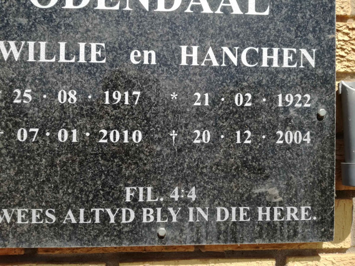 ODENDAAL Willie 1917-2010 &amp; Hanchen 1922-2004