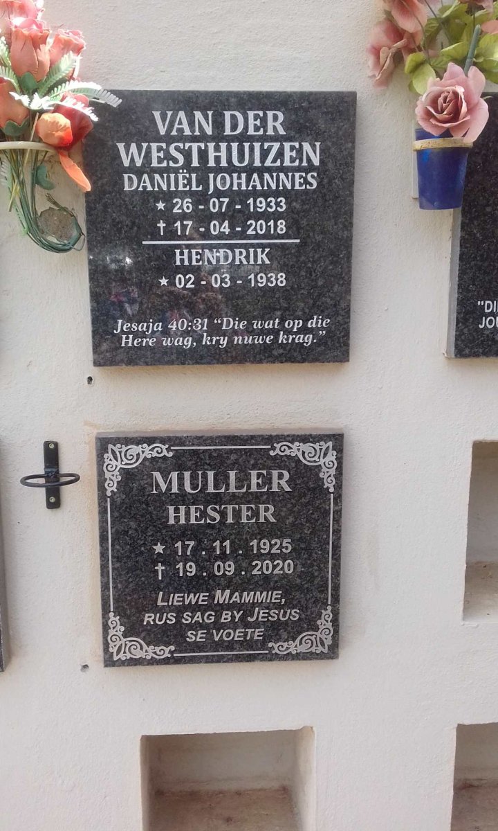 WESTHUIZEN Daniel Johannes, van der 1933-2018 &amp; Hendrik 1938- :: MULLER Hester 1925-2020