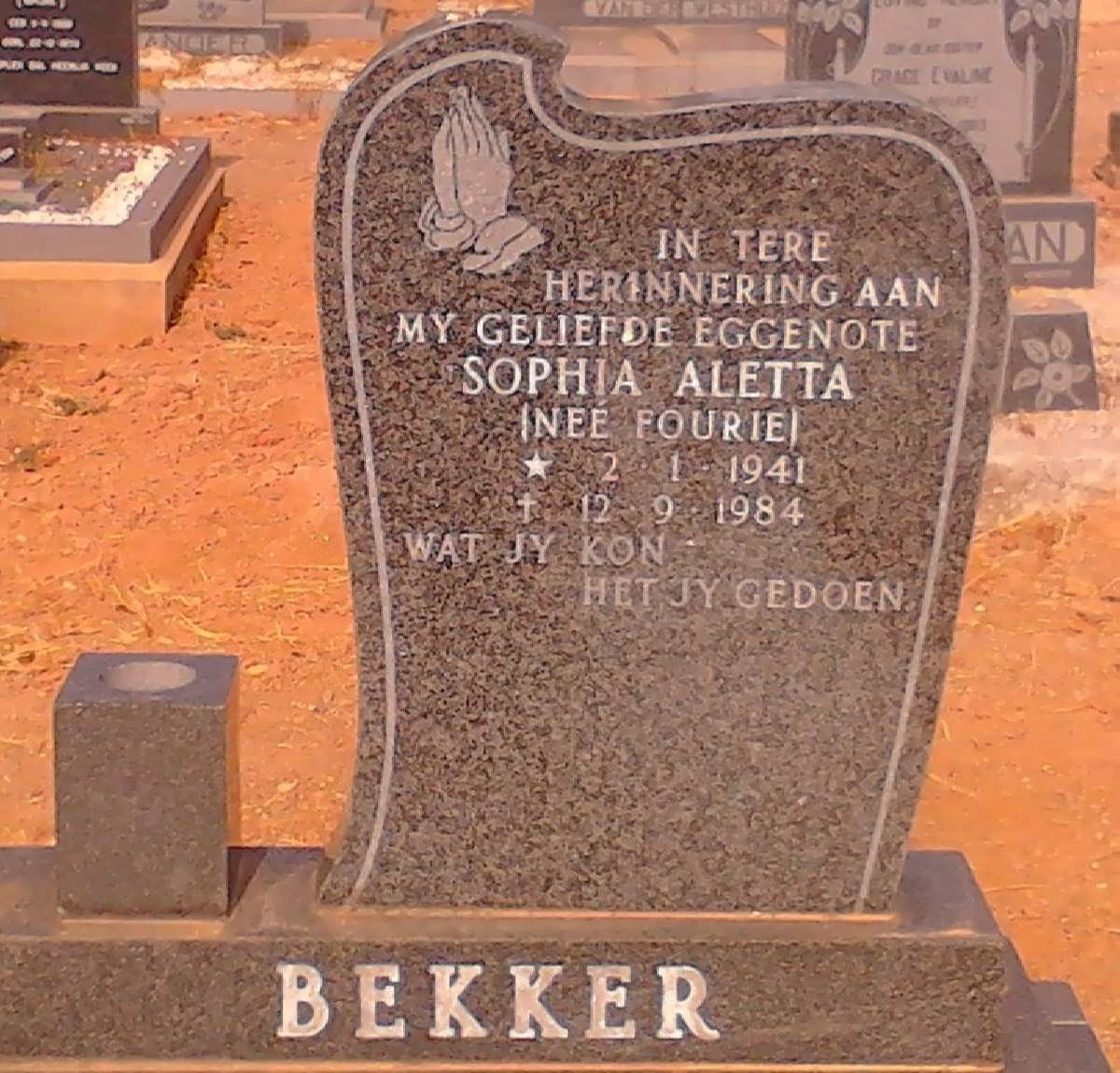 BEKKER Sophia Aletta nee FOURIE 1941-1984