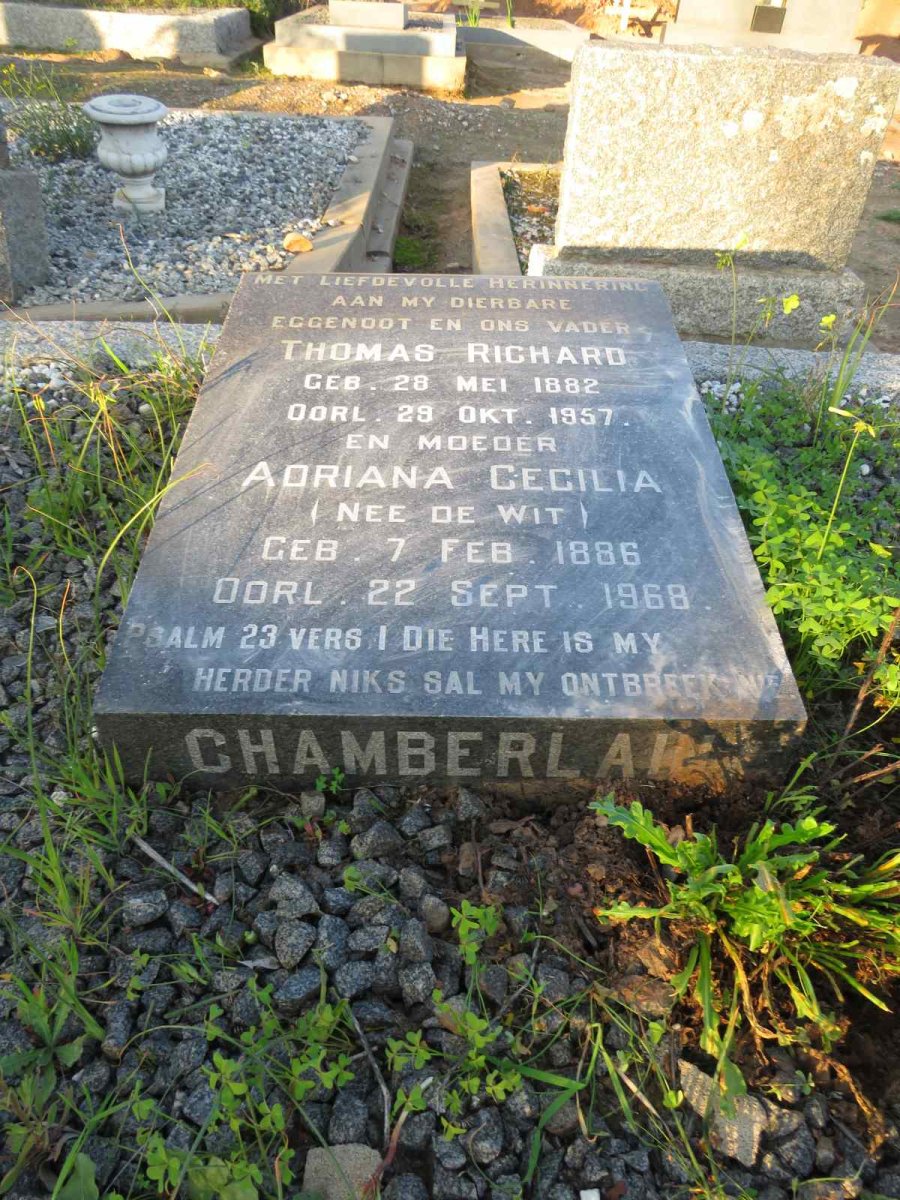 CHAMBERLAIN Thomas Richard 1882-1957 & Adriana Cecilia DE WIT 1886-1968