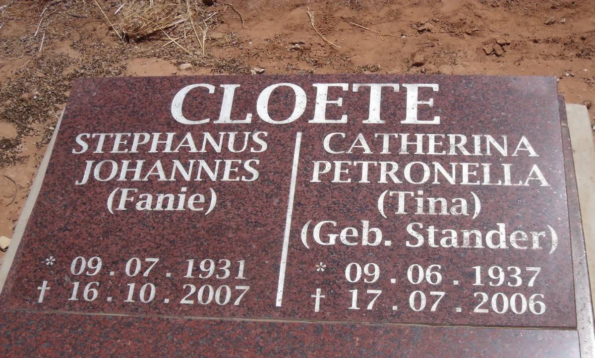 CLOETE Stephanus Johannes 1931-2007 &amp; Catherina Petronella STANDER 1937-2006