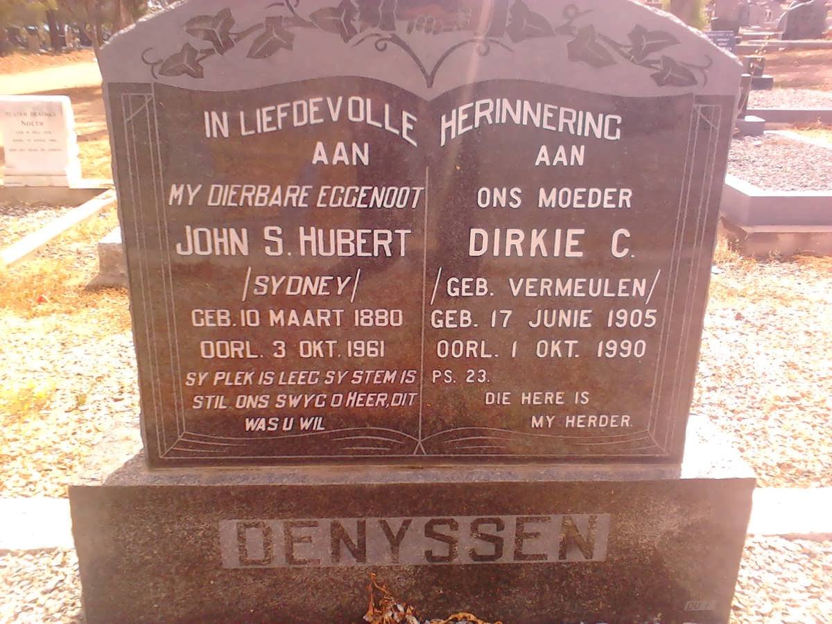 DENYSSEN John S. Hubert 1880-1961 &amp; Dirkie C. VERMEULEN 1905-1990