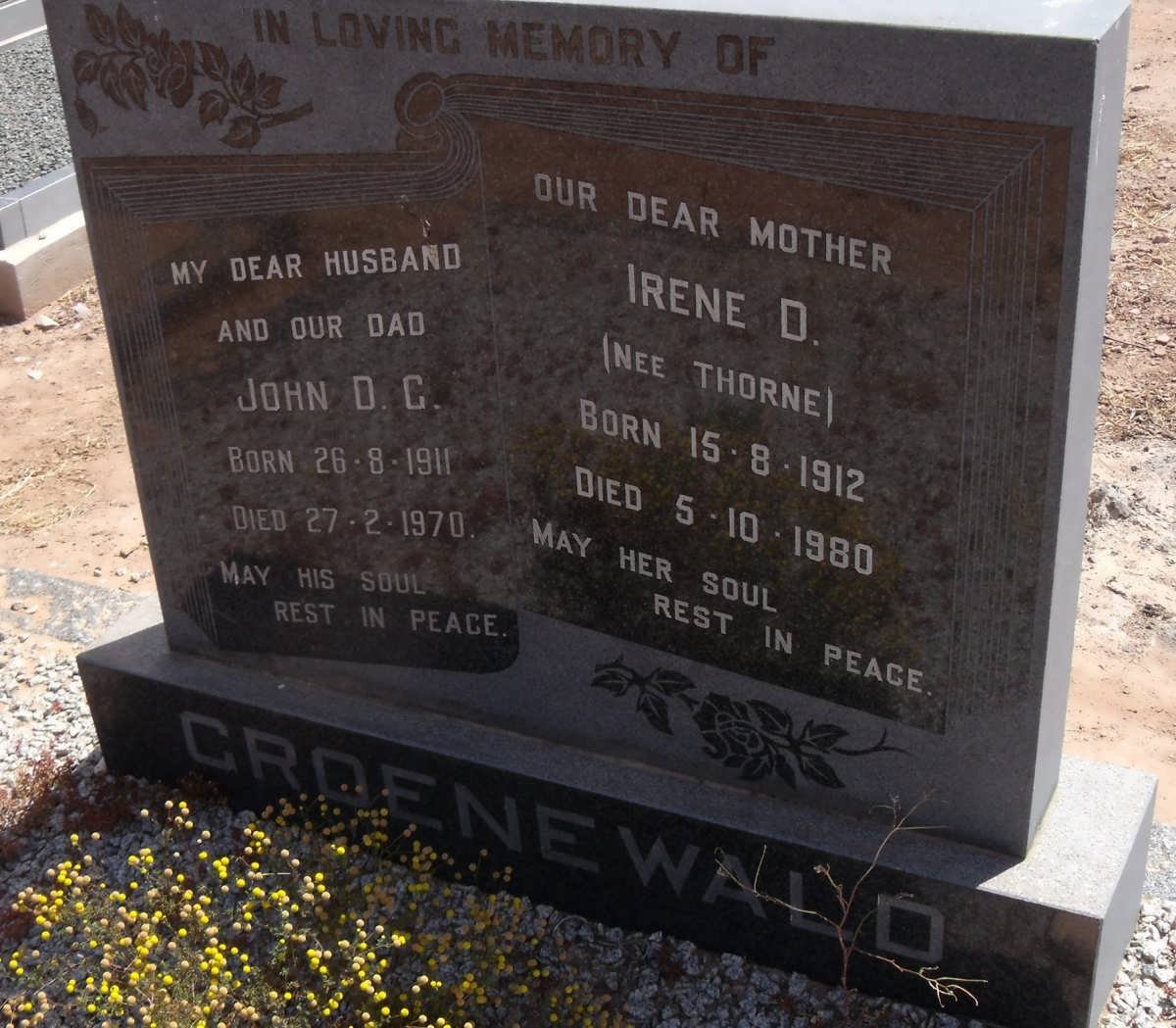 GROENEWALD John D.C. 1911-1970 &amp; Irene D. THORNE 1912-1980