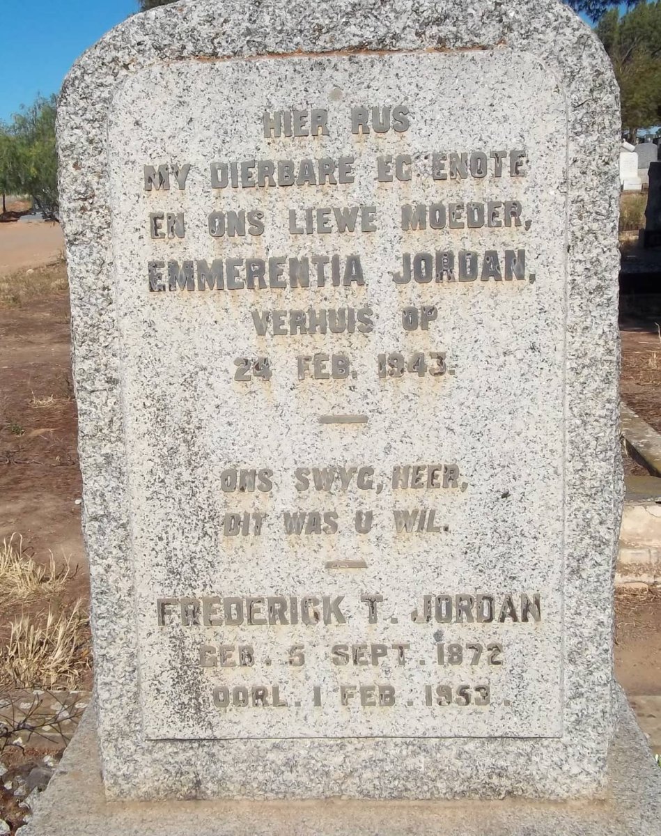 JORDAN Frederick T. 1872-1953 &amp; Emmerentia -1943