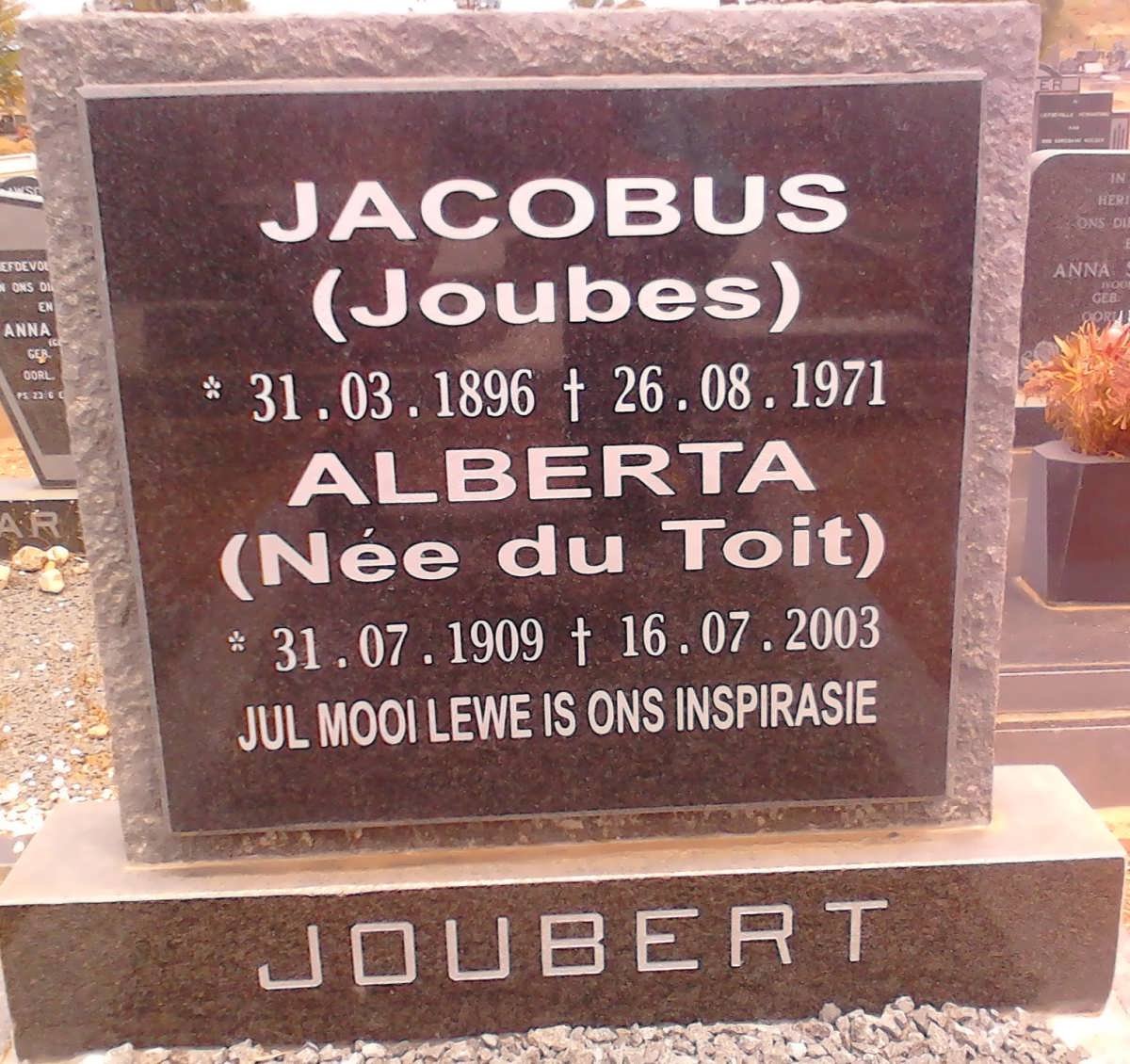 JOUBERT Jacobus 1896-1971 &amp; Alberta DU TOIT 1909-2003