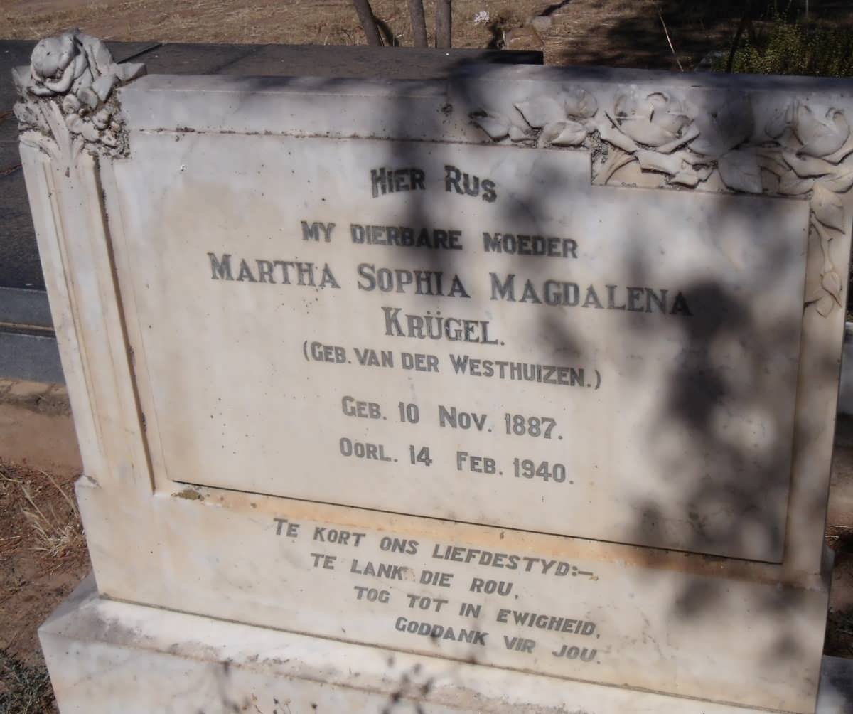 KRÜGEL Martha Sophia Magdalena nee VAN DER WESTHUIZEN 1887-1940