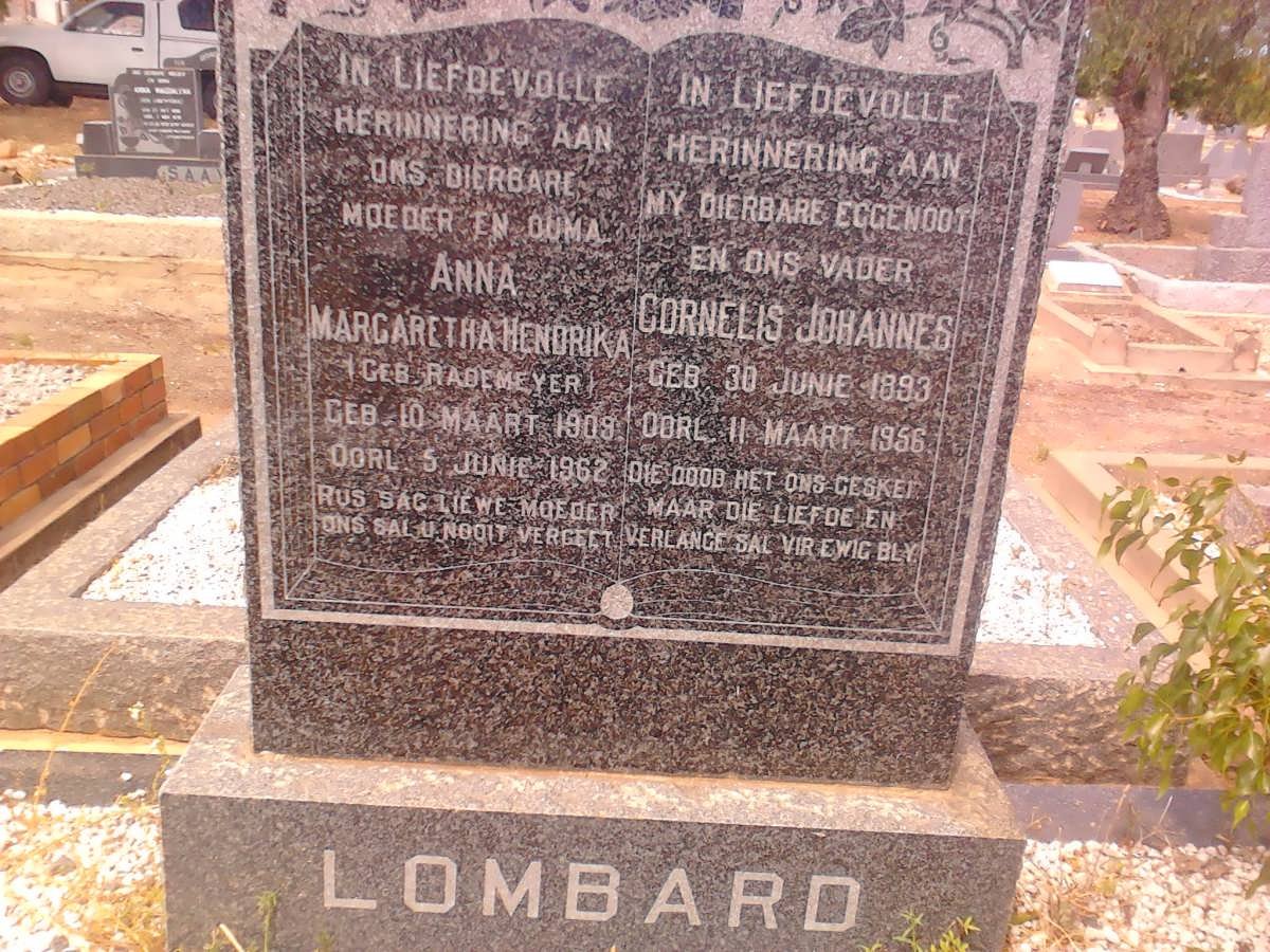 LOMBARD Cornelis Johannes 1893-1956 &amp; Margaretha Hendrika RADEMEYER 1909-1962